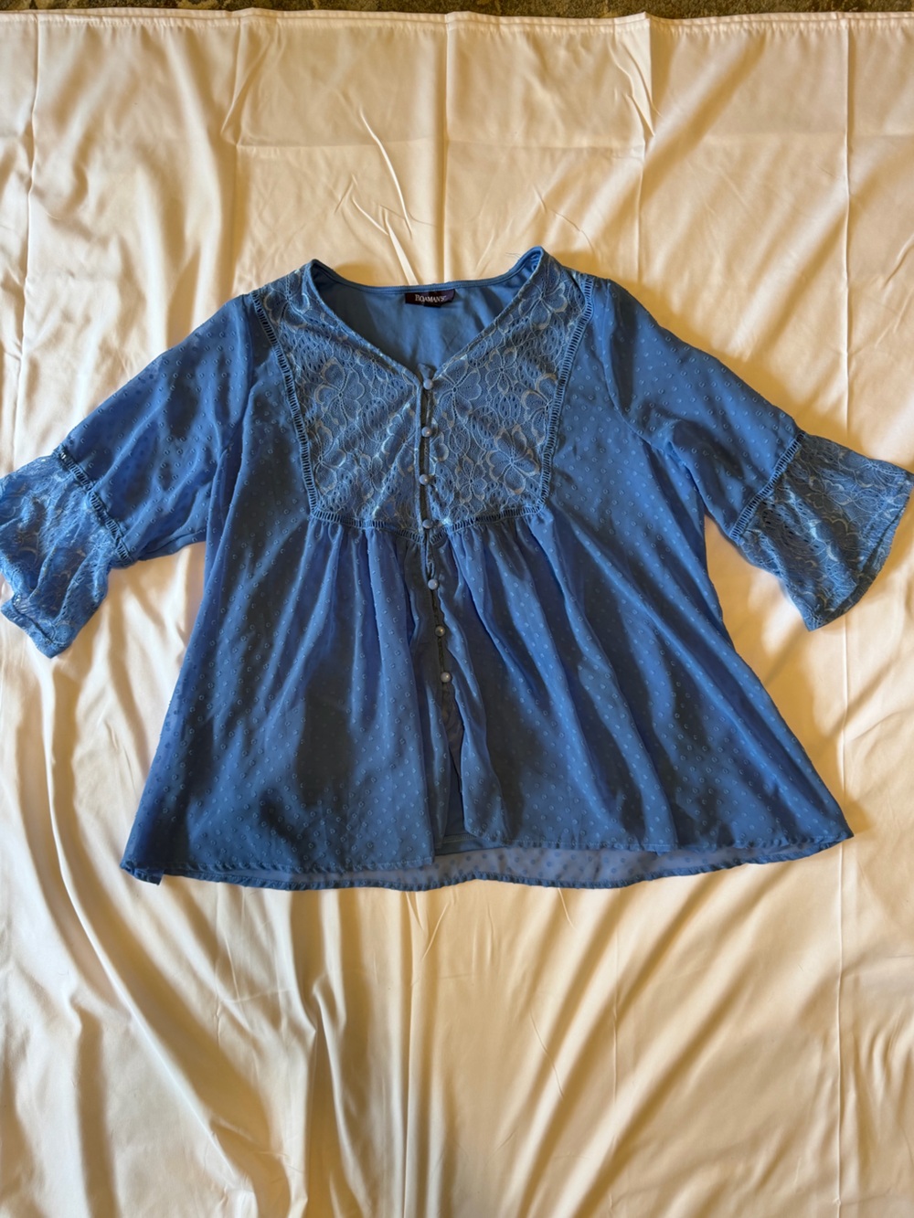 Roaman's Blue Lace Yoke Girls' Button-Front Top